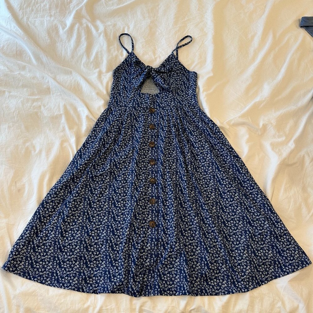 Ecowish L midi length spaghetti strap tie front navy blue with white florals